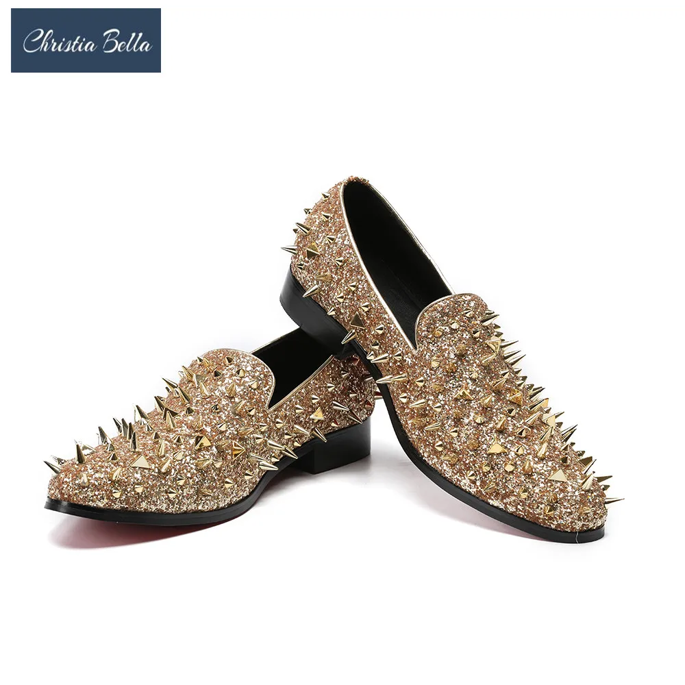 

Christia Bella Fashion Tide Of Men Loafer Shoes Full Rivets Glitter Casual Comfort Slip On Flats Round Toe Trending Flats Shoes
