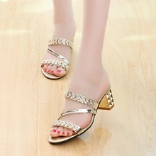 2017 Women summer shoes thick slipper toe with high-heeled sandals slippers a rhinestone tide ladies shoes woman gold