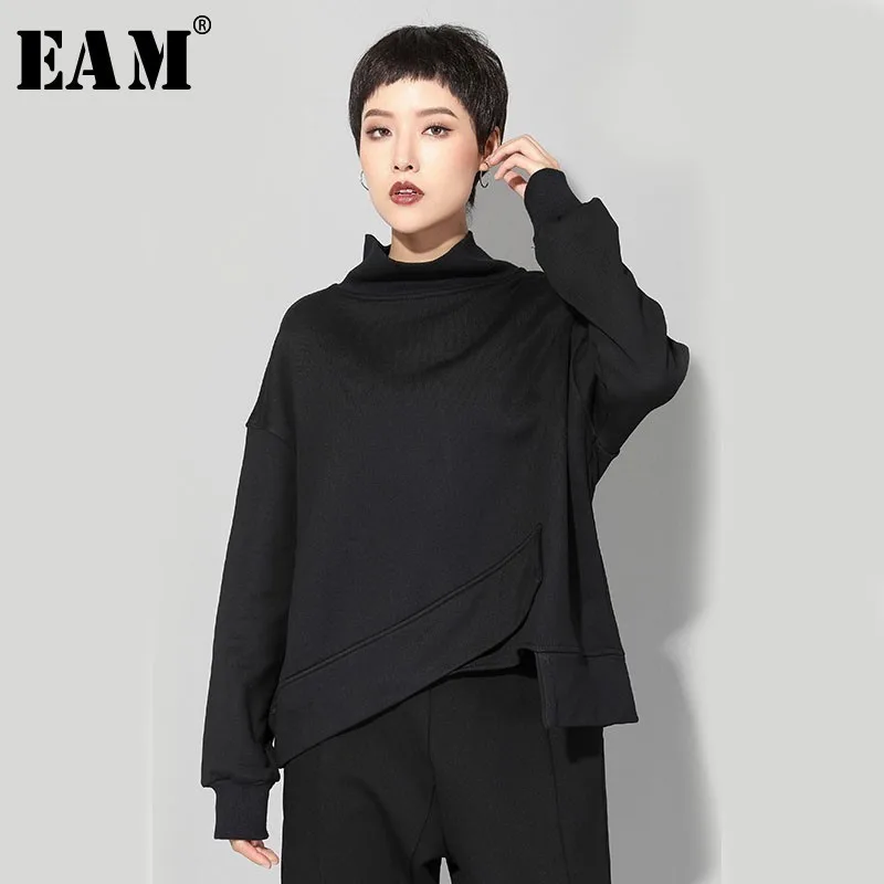 

[EAM] 2019 New Spring Round Neck Long Sleeve Black Big Size Irregular Hem Split Joint Sweatshirt Women Fashion Tide JO061
