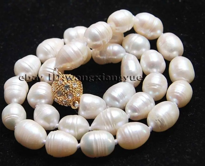 

FREE SHIPPING ****Big 10-11MM Natural Rice white akoya cultured pearl necklace Magnet Clasp 17" (A0511)