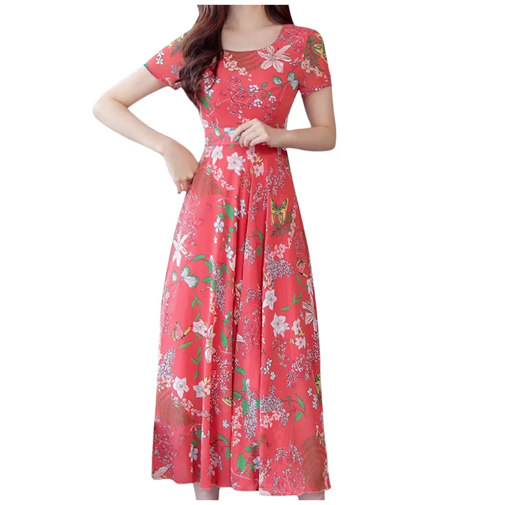 Женское длинное Макси платье летнее пляжное платье с цветочным принтом в стиле бохо с коротким рукавом вечернее платье туника Vestidos размера плюс XXXL - Цвет: Red