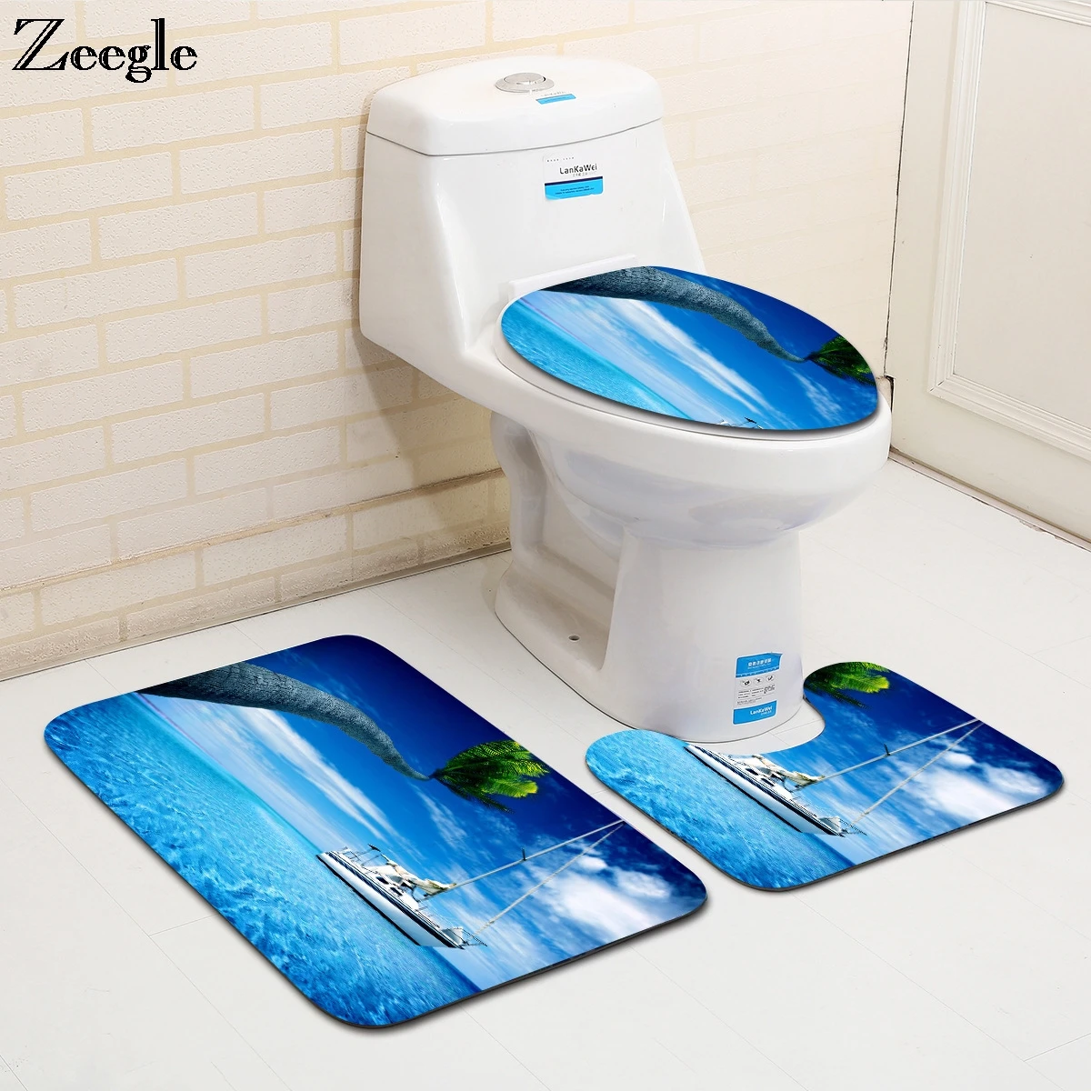 

Zeegle 3Pcs Bathroom Bath Mat Set Seascape Pattern Bathroom Carpet Set Anti-slip Floor Mats Toilet Rug Shower Room Mats Bath Rug