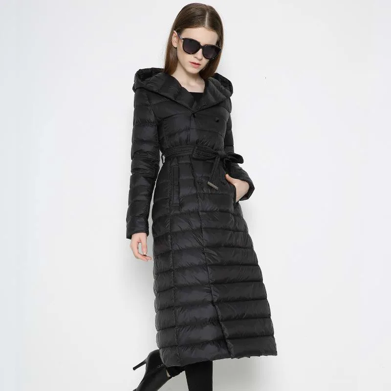 

[Aiweier] New Autumn Winter Long Woman Down Jackets Solid Light Hooded Belt Solid Women's Down Coats Plus Size Female Parkas