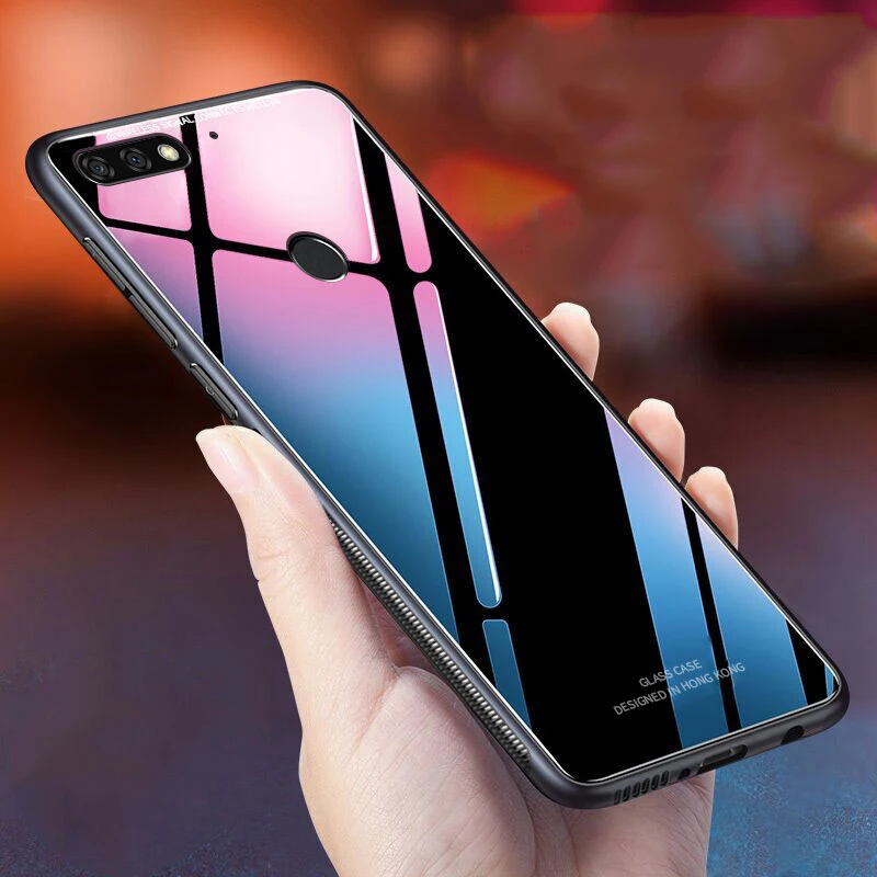 

For Huawei Honor 7A Pro Case Luxury Slim Fit Glossy Tempered Glass Silicone Frame Hard Cover For Honor 7A 5.45" Russia Edition