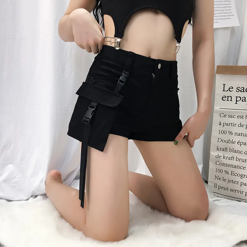 Black Solid Cargo Shorts Women Detachable Pockets With Buckle Summer Shorts High Waist Short Feminino Streetwear