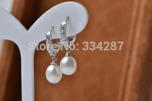 

Hot selling> Natural 9-10mm white Oval AAA+ pearl Dangle earrings -Bride jewelry free shipping