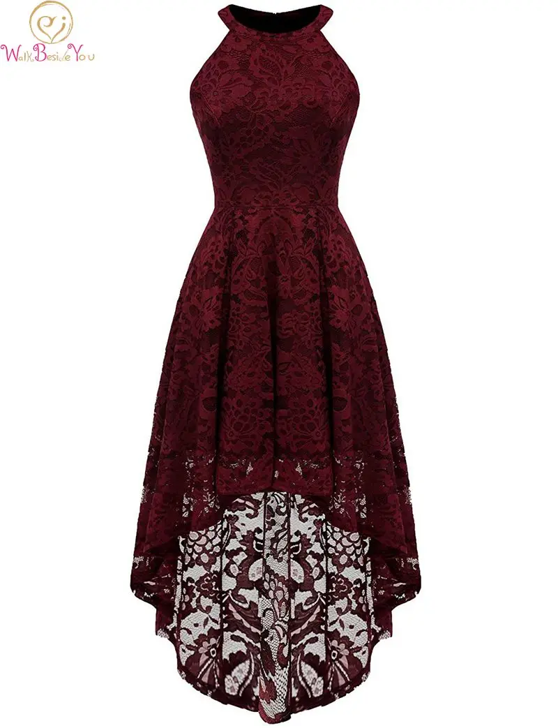 

Plus Size Prom Dresses 2019 New Halter Neck High Low vestidos cortos de fiesta elegante Burgundy Lace Cocktail Party Formal Gown