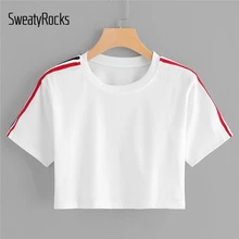 SweatyRocks белая полосатая короткая футболка с короткими рукавами, одежда для активного отдыха, топ с круглым вырезом, модная летняя женская уличная одежда, футболки Basics