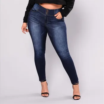 

New For Women Dark Blue High Waist Loose Dedicated Fat MM Pencil Cotton Personality Buttons Jeans Europe Plus Size L-5XL