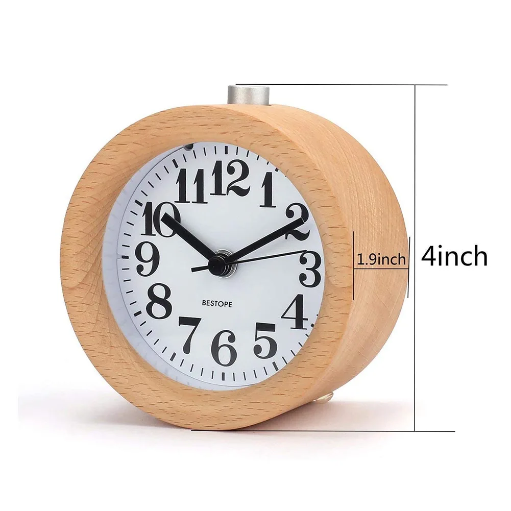 Small Alarm Clock with Night Light Wood Classic Round Silence Table