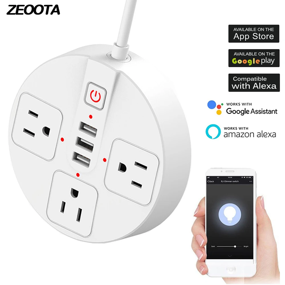 

Wifi Power Strip Smart Outlets Sockets with USB 3 AC US Plug USB Charger Work with Alexa Google Home 5ft Extention Power Cord