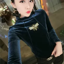 Зима длинный рукав вышивка Pleuche-рубашки женские тонкие тела велюровые футболки женские зимние теплые велюровые пуловеры Топы