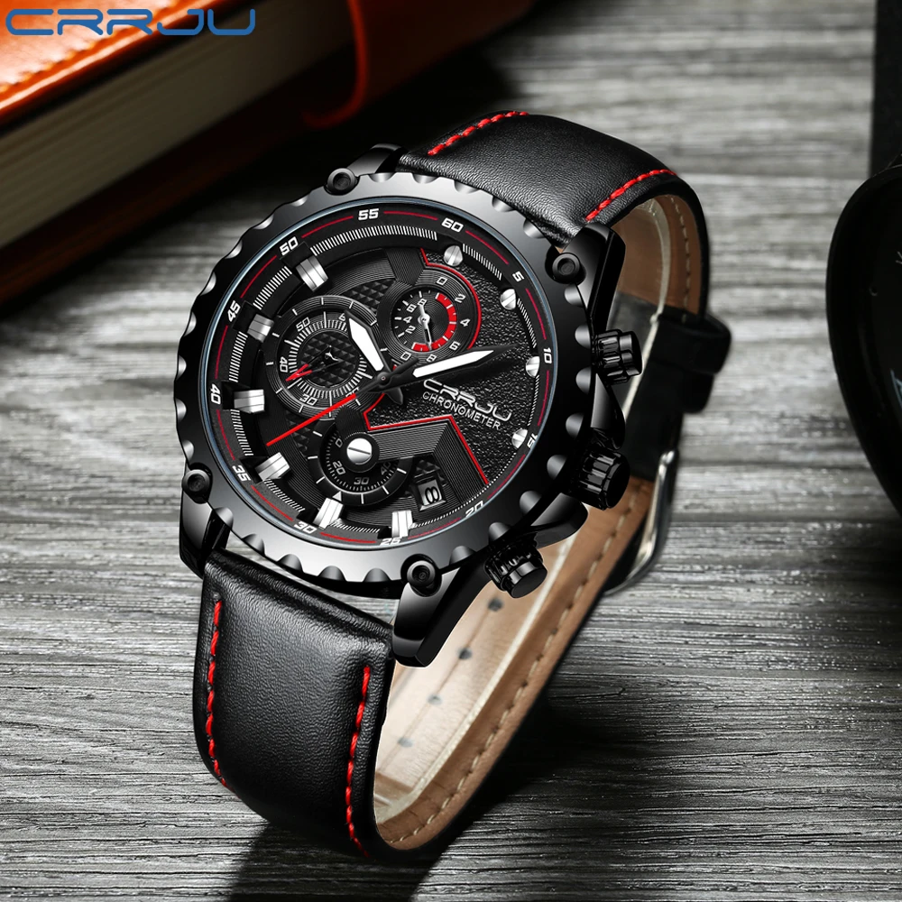  CRRJU Mens Watches Top Brand Luxury Quartz Black Watch Men Casual Leather Military Waterproof Sport