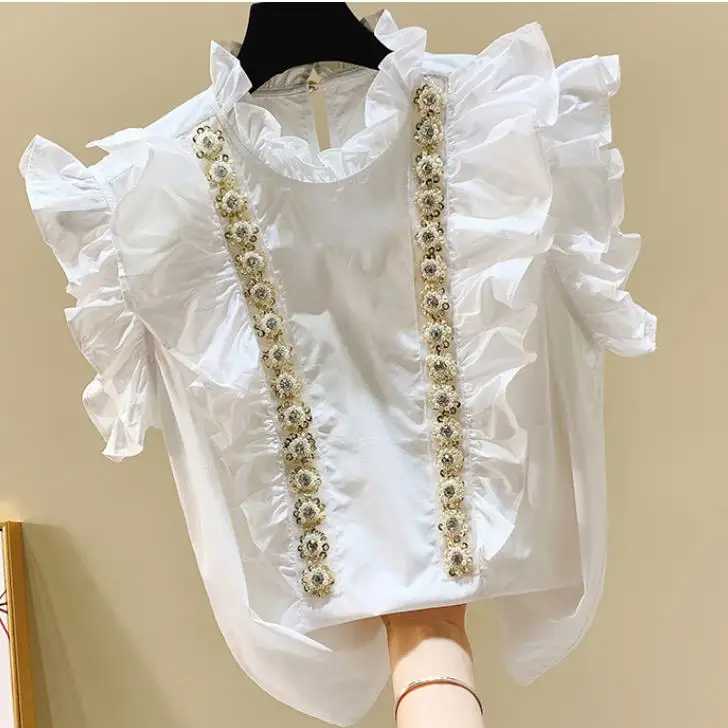 Женская рубашка с коротким рукавом, милые бусины-листья лотоса, бриллиантовый шифон, весна и лето, топ с круглым вырезом, блузка