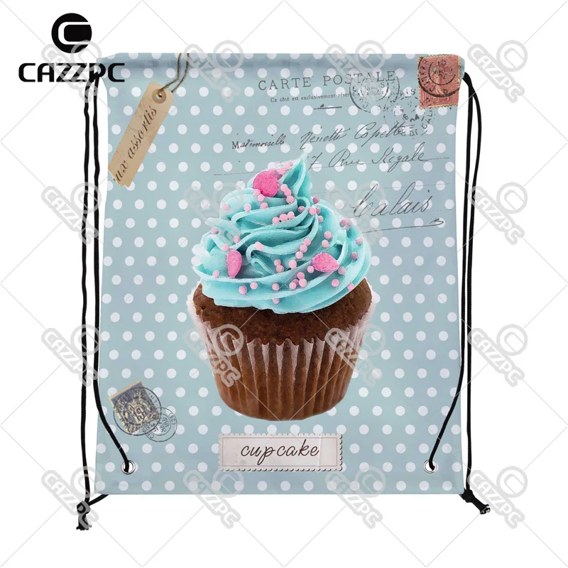 

Blue-Green Vintage Dot Postcard Cute Cupcake Cate Food Pattern Custom individual Nylon fabric Drawstring Backpack gift bag