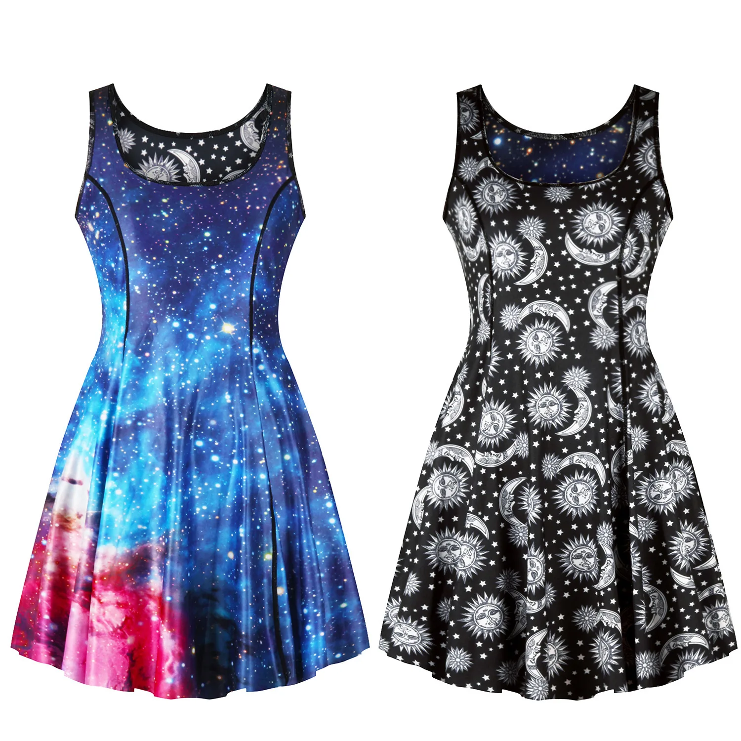 Tanie JIEZuoFang kobiety Mini sukienki na co dzień Plus rozmiar czarny Gothic Punk Sexy klub lato księżyc gwiazda drukowanie kobieta moda sukienka Aline