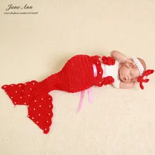 Джейн Z Ann Русалочка baby shower новорожденных реквизит для фотосъемки новорожденных девочек красный синий наряды хлопок пряжа крючком повязка на голову+ бюстгальтер+ хвост подарок
