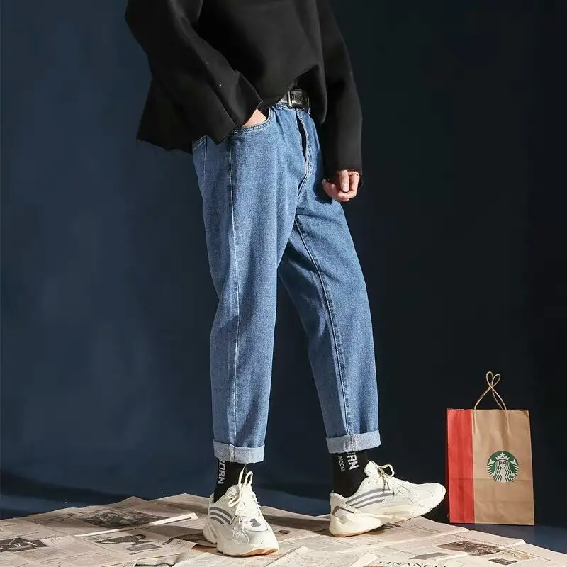 Wholesale Spring summer jeans men's loose retro Korean students straight solid teenagers wide leg casual ankle length pants