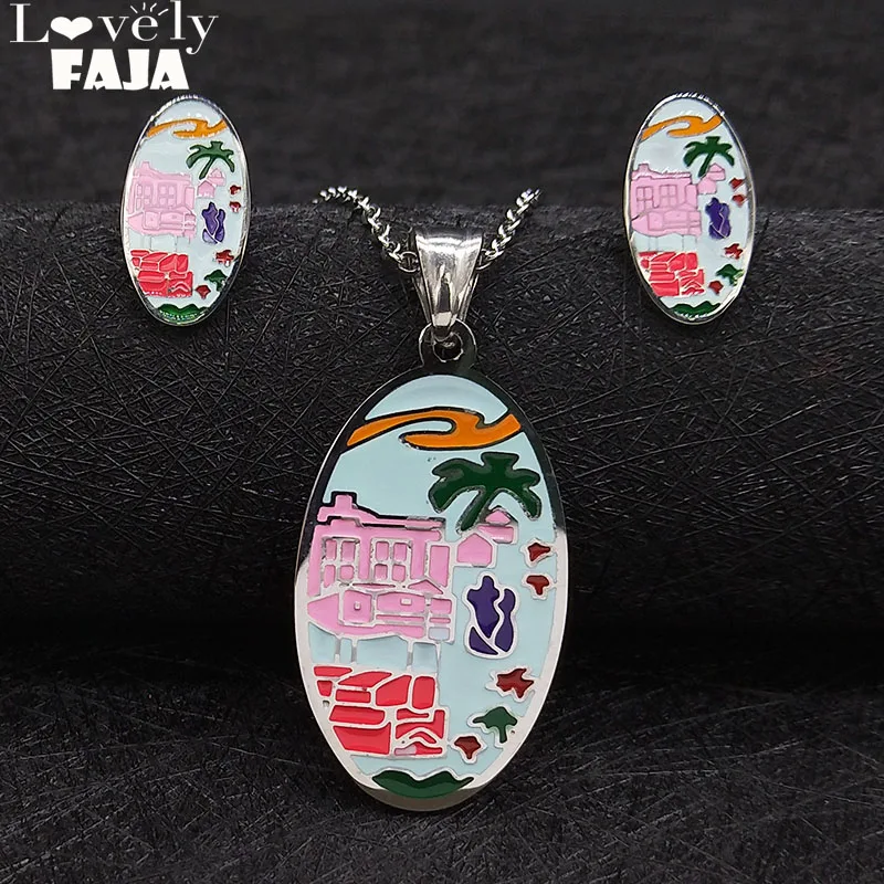 

Coconut Tree Enamel Stainless Steel Necklace Earrings Sets Jewerly Women Set Jewelery set de acero inoxidable para mujer S178707