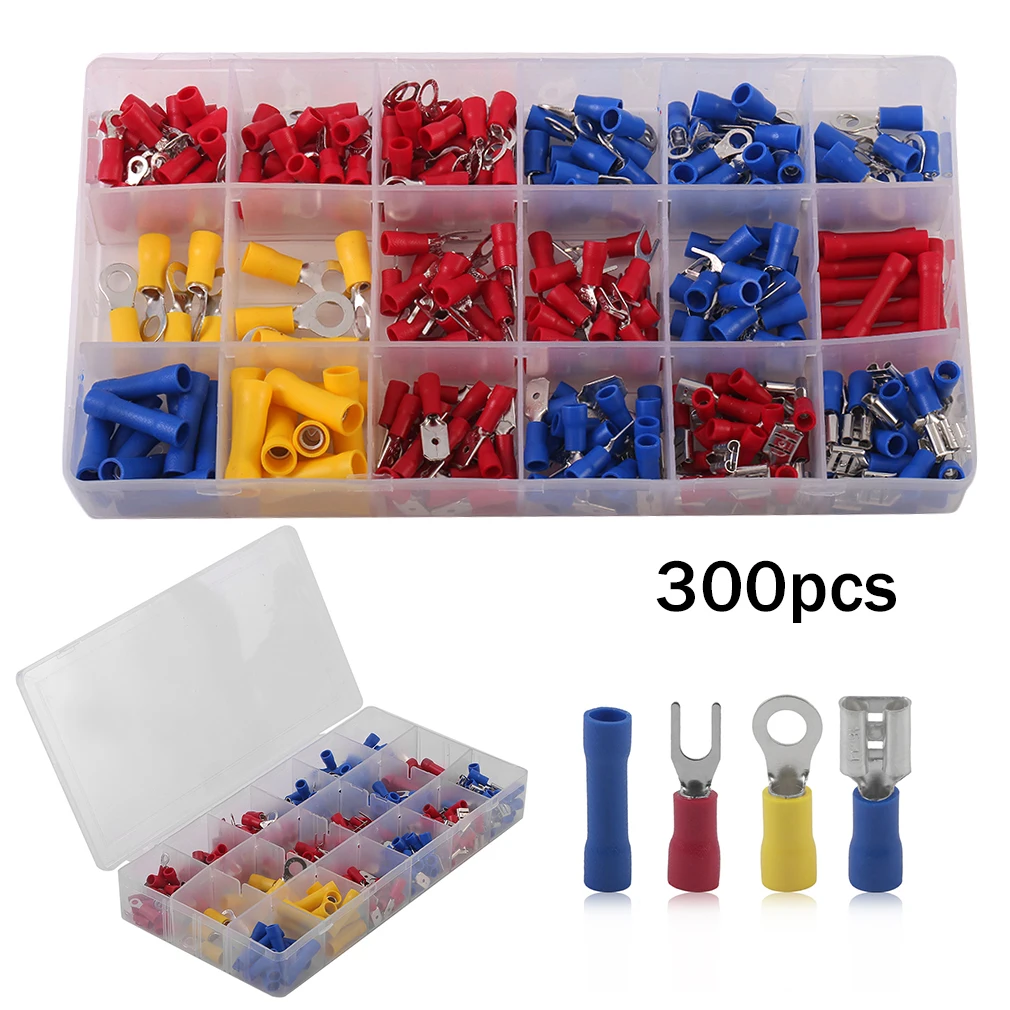 

Newest 300Pcs/Box 18 Types Insulated Electrical Wire Terminals Crimp Connectors Red Yellow Blue -- JD9
