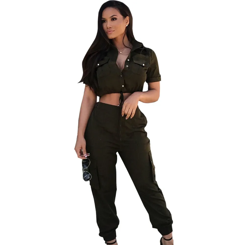 Summer women Overalls 2018 Jumpsuit Safari Style Short Shirt + Full Pants With Pocket 2PCS Sets Trucksuit casual fashion rompers | Женская