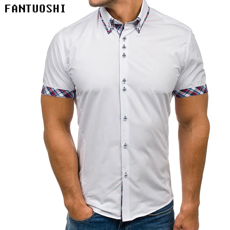 

2018 New Men's Summer Business Casual Shirt Short Sleeves Splicing collar Shirt Single-breasted fashion Men Shirts White 3XL