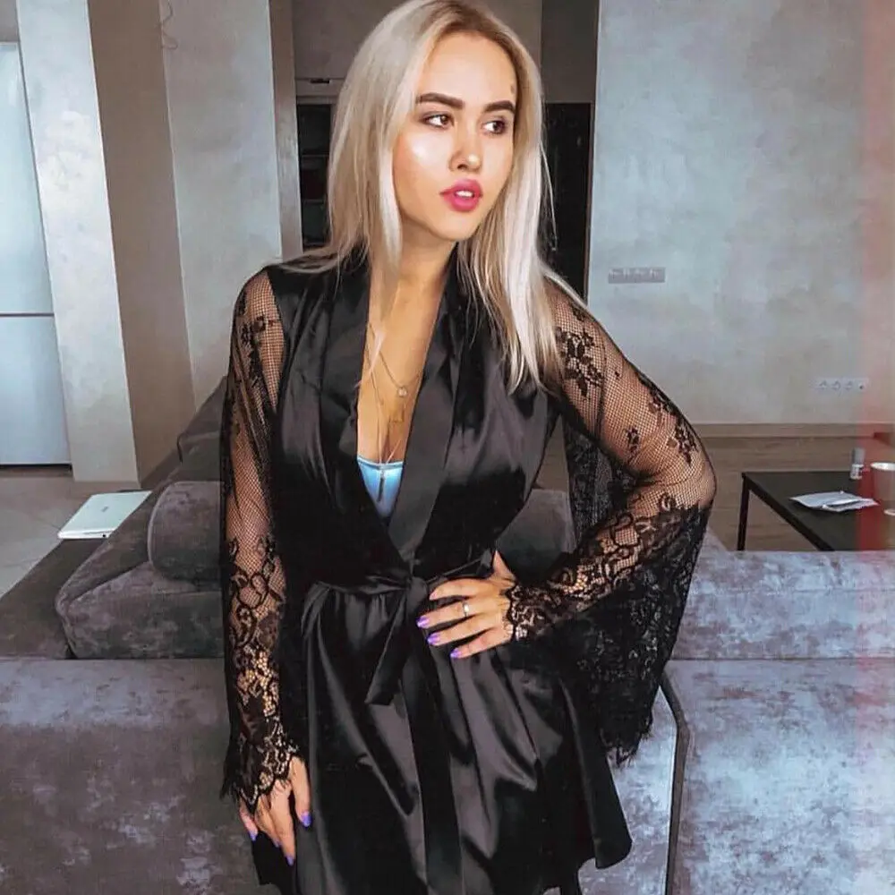 

2019 Women Sexy Satin Silk Lace Long Sleeve Sleep Robe Lace Up Knot Deep V Neck Nightwear Perspective Flower Lingerie Pajamas