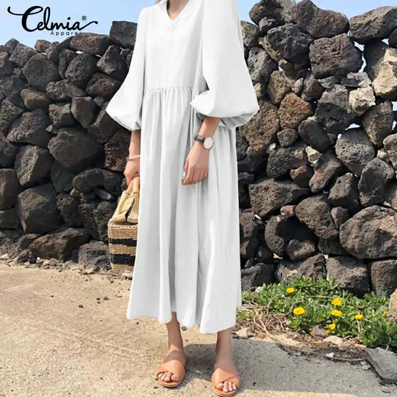 

2019 Women Summer Pleated Long Party Dress Celmia Casual Loose High Waist Maxi Dress Solid V Neck Robe Vestidos Mujer Plus Size