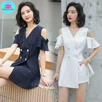 

2019 summer new temperament thin wide leg fashion high waist shorts striped shirt female professional wear 2 piece suit Button