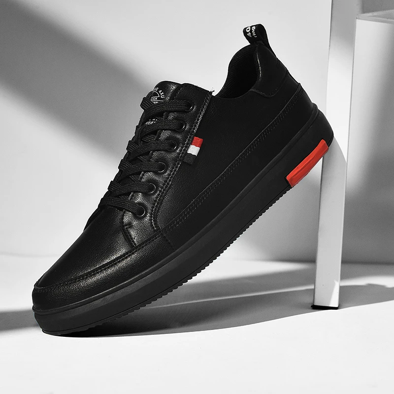SUROM Leather Casual Shoes Men White Lace Up Fashion Classic Men Dress Shoes Black Flats Male Comfortable Breathable Lightweight