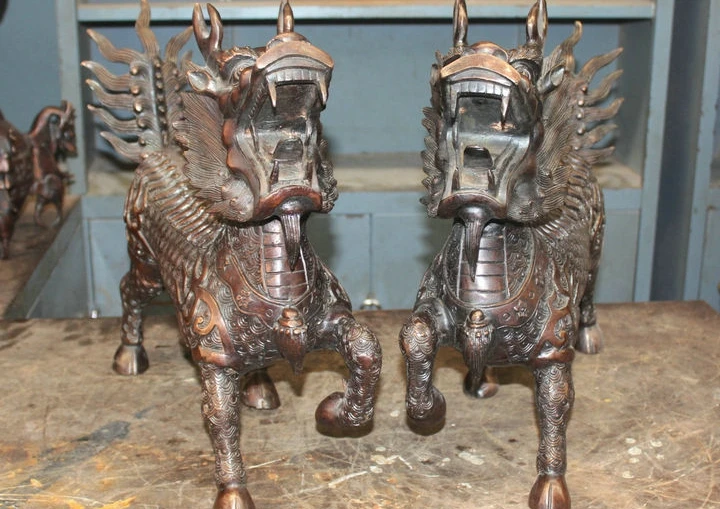 

20'' China Fengshui Unicorn Animal Pair Foo Dog Dragon Bronze Statue