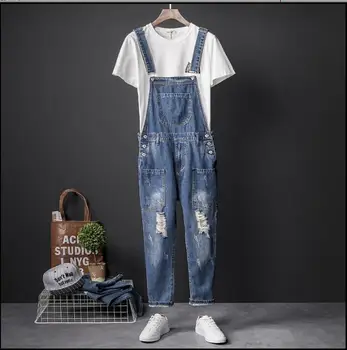 

S-5XL New 2019 summer hair stylist denim pants pants street men's hip-hop hole jeans men's tooling jumpsuits plus size