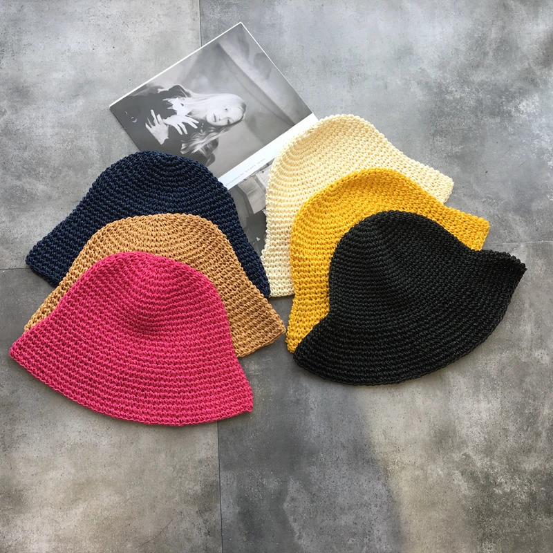 Handmade Knitted Straw Bucket Hats Women Dome Solid All Match Casual