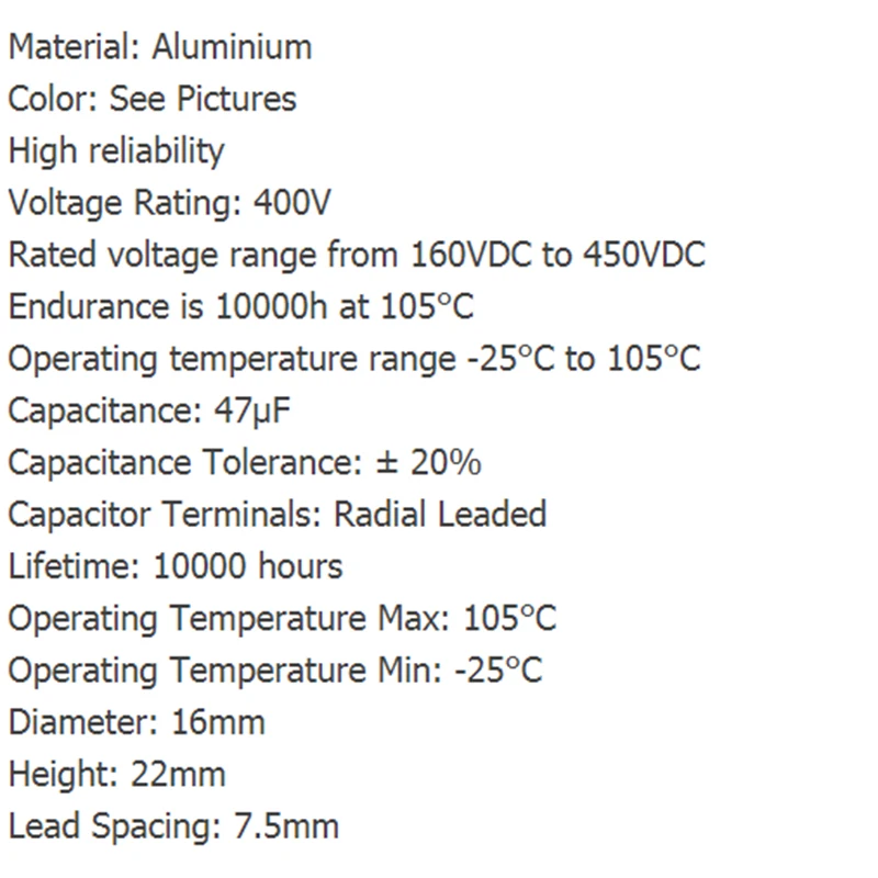 Высококачественный 10 шт./партия алюминиевый электролитический конденсатор 47 мкФ 400 в 16*22 мм 47 мкФ 400 в 400 в 47 мкФ электролитический конденсатор Ic