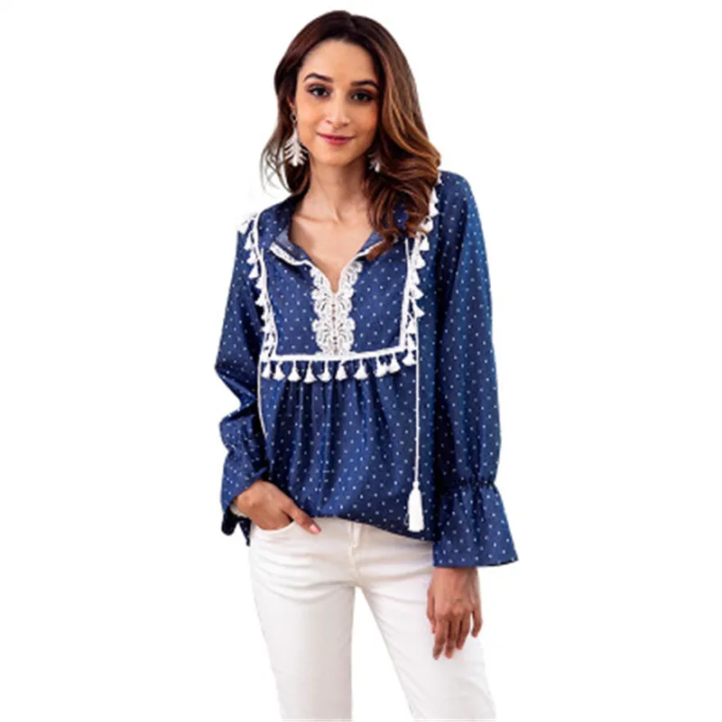 

Polka Dot V Neck Women Shirt Boho Loose Blouse Tassel Indie Folk Top Lace up Patchwork Female Clothing Autumn