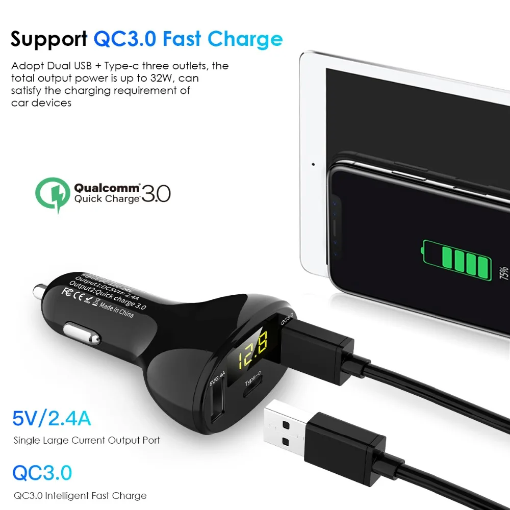 SOONHUA usb type C цифровое автомобильное зарядное устройство, 3 порта для зажигалки, QC 3,0, адаптер для быстрой зарядки, автомобильное зарядное устройство для мобильного телефона