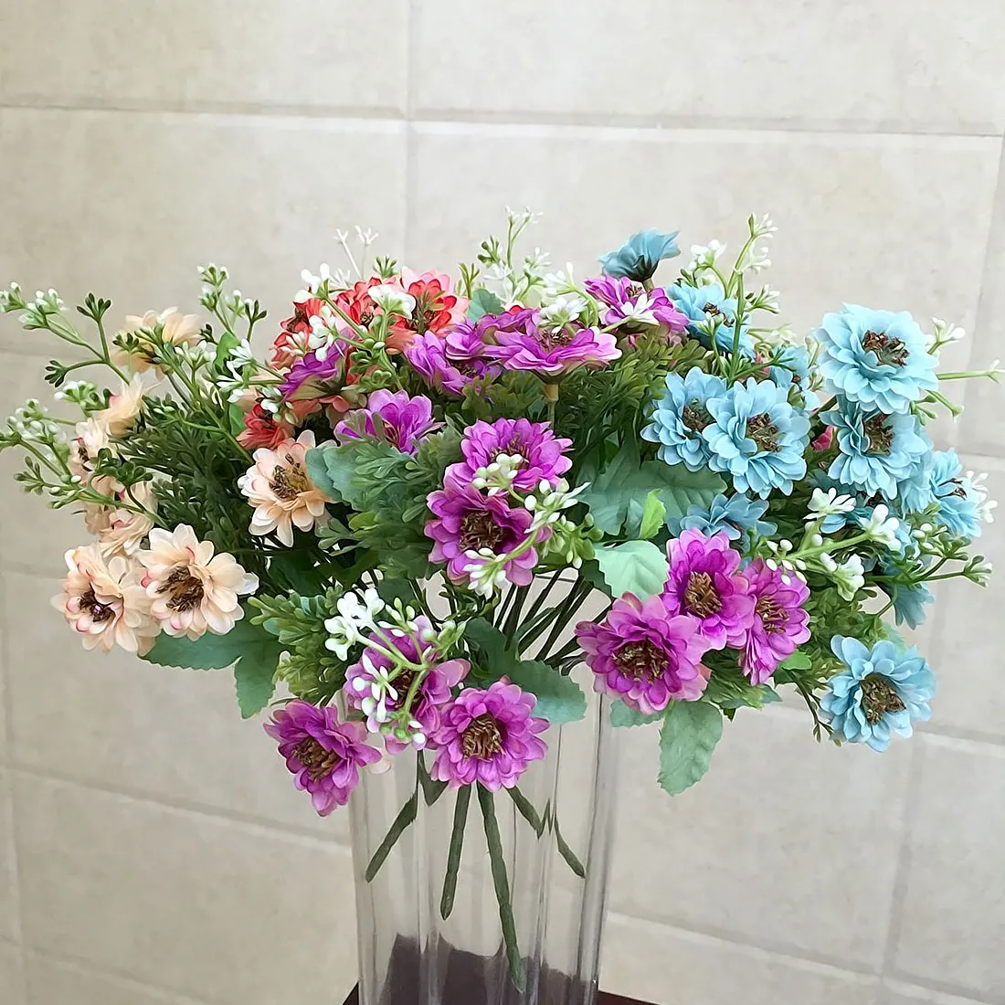 Silk Mini Daisy Fake Flower Artificial Plants 5 Forks 15 flowers