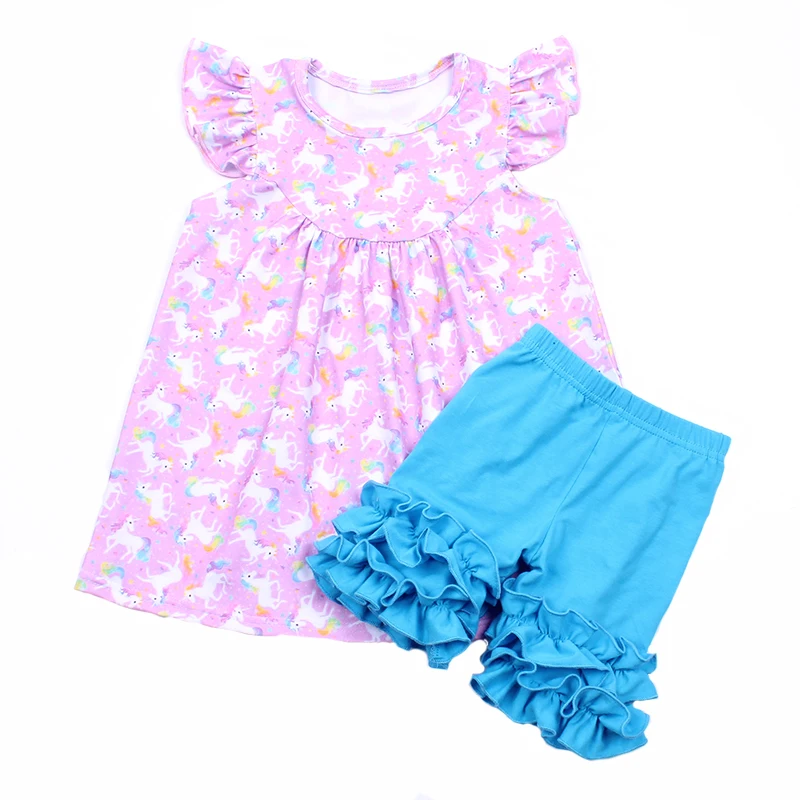 

New Arrivals Children Girls Summer Set Hot Selling Unicorn Outfits Toddler Girls Milk Silk Unicorn Pearl Top Blue Ruffle Shorts