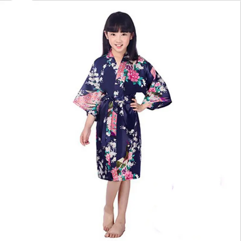 Child Silk Satin Bridesmaid Robe Peacock Print Bathrobe Short Kimono