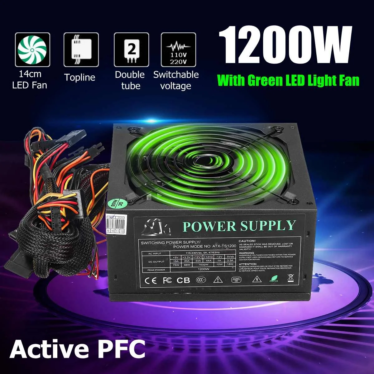 

1200W PC Power Supply For Computer Module PC PSU 24Pin SATA 6Pin 4Pin Quiet LED Fan 80 Plus