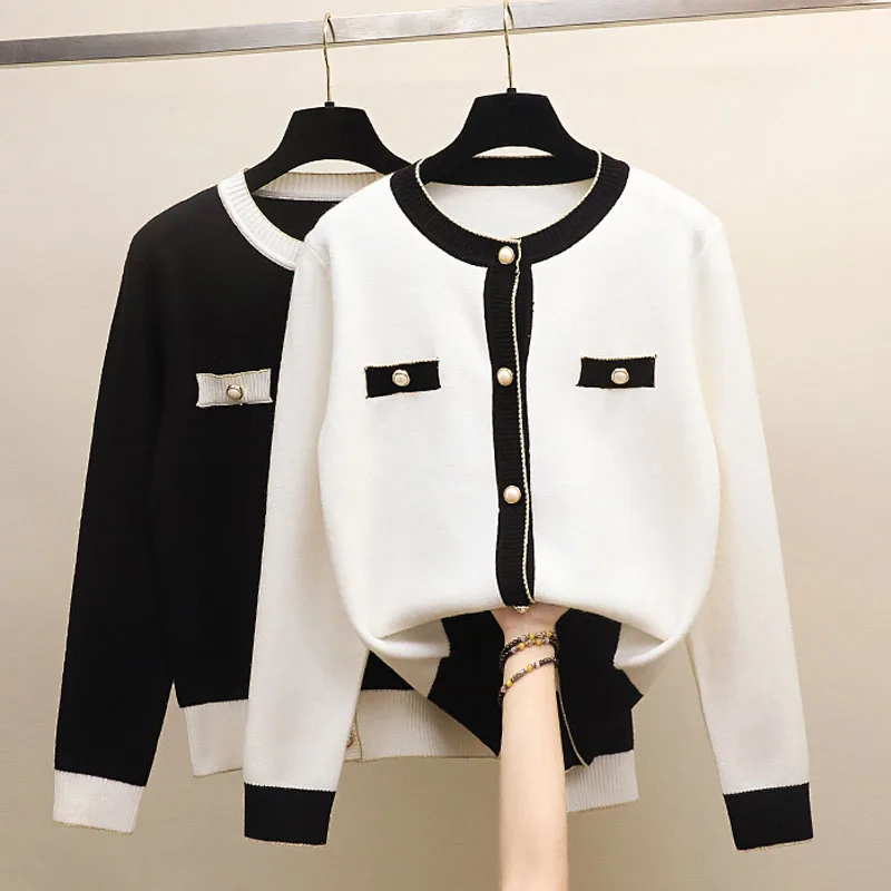 

Short Knitted Cardigan Women With Button Casual Long Sleeve O-Neck Autumn Warm Knitwear Sweater White Fall Sweaters Coat Female