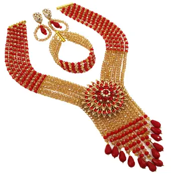 

Hot New Bridal Jewelry Sets Opaque Red Gold Nigerian Wedding African Beads Jewelry Set Crystal Fashion Gift Necklace 6C-SDLS-010