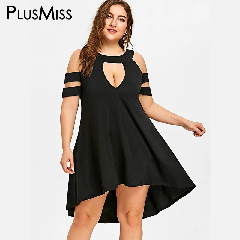 

PlusMiss Plus Size 5XL Sexy Off the Shoulder High Low Hem Dress Keyhole Neck Black Night Club Wear Dresses Big Size Summer 2018