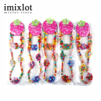 

1 Set(1 Wood Bracelet +1 Wood Necklace) Bee Star Flower Pattern Kids Children's Birthday Party Necklace Bracelet Fashion Jewelry