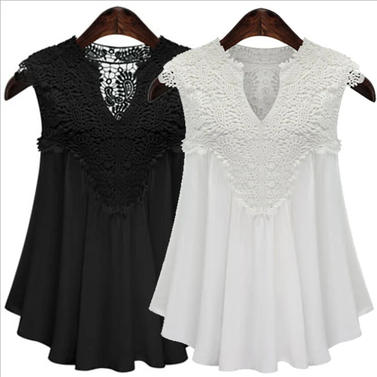 

Women Shirt 2017 Fashion Vintage Elegant Sleeveless Lace Shirt Chiffon Shirts t-shirt Plus Size Blusas Feminina Causal Tops 5XL