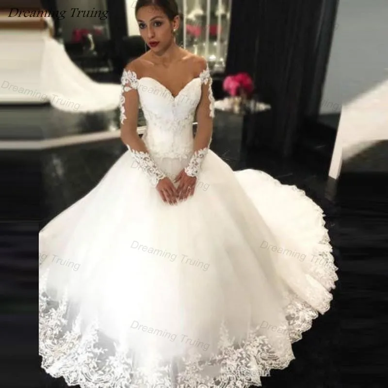 Glamorous с длинным рукавом свадебные платья с аппликацией милая длинное Пышное Бальное платье принцессы свадебное Vestido De Noiva 2019
