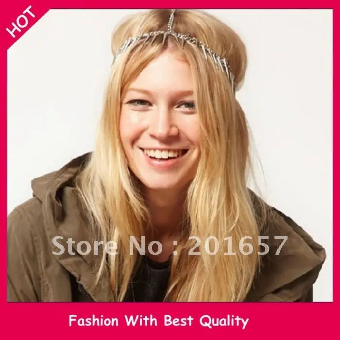 

Wholesale and Retail fashion punk rivet chain Europe design 3 layer headband elastic hairband silver color 12pcs/lot