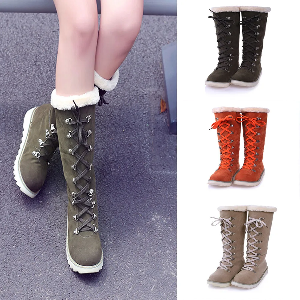 

Boots Women's Shoes Platform Lace-Up The Knee Non-Slip Round Toe Martin Snow Boots Outdoor PU Leather Winter Shoes T#