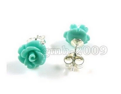 

Bridal jewelry free shipping hot sell12mm Turquoise Carved Rose Flower 925 Sterling Silver Stud Earrings