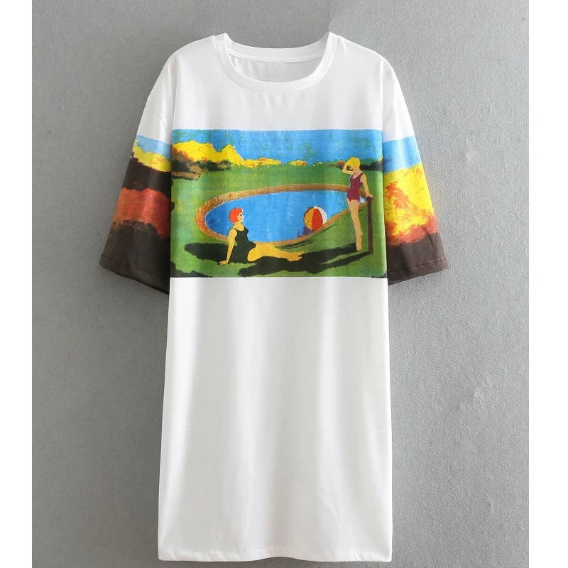 

New fashion women holiday wind pattern printing casual knitting mini dress female chic vestidos short sleeve dresses DS2106
